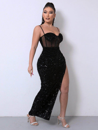 Sequin Spliced Mesh Adjustable Strap Dress for Women