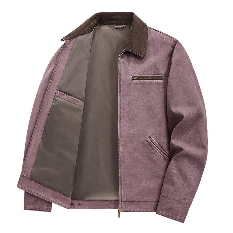 Lightweight Loose-fit Plus-size Washed Work Jacket With A Lapel Collar