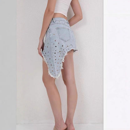 Womens Denim Ripped Irregular Slant Hem Mini Skirt