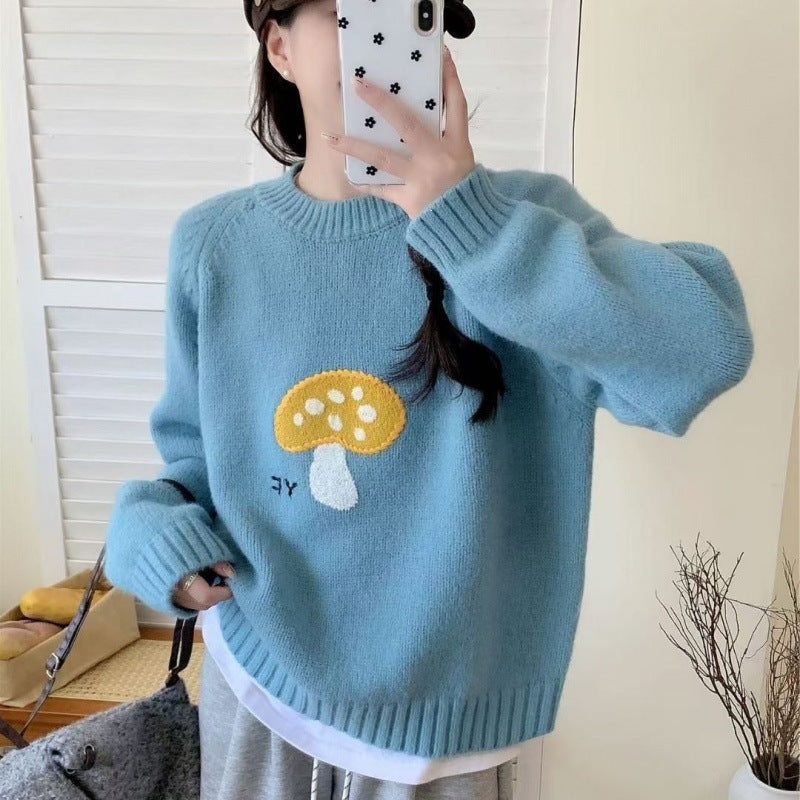 Women's Knitted Mushroom-pattern Crew-neck Pullover Top
