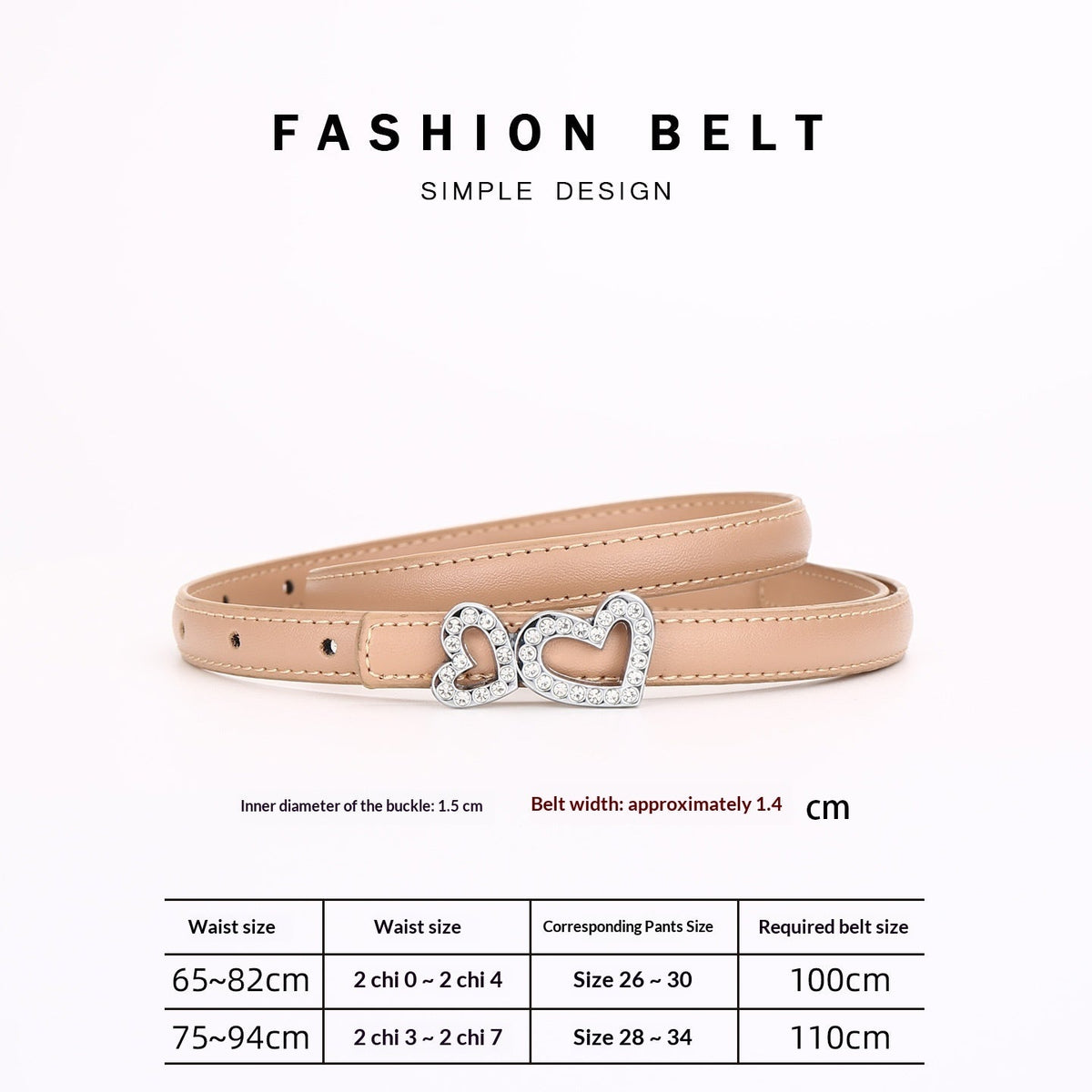 Genuine Cowhide Women's Slim Belt - Heart Shape Rhinestone Decorated Thin Waist Strap for Dress