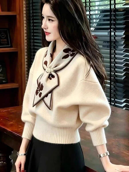 Bow-knot Collar Warm Knitted Sweater For Women