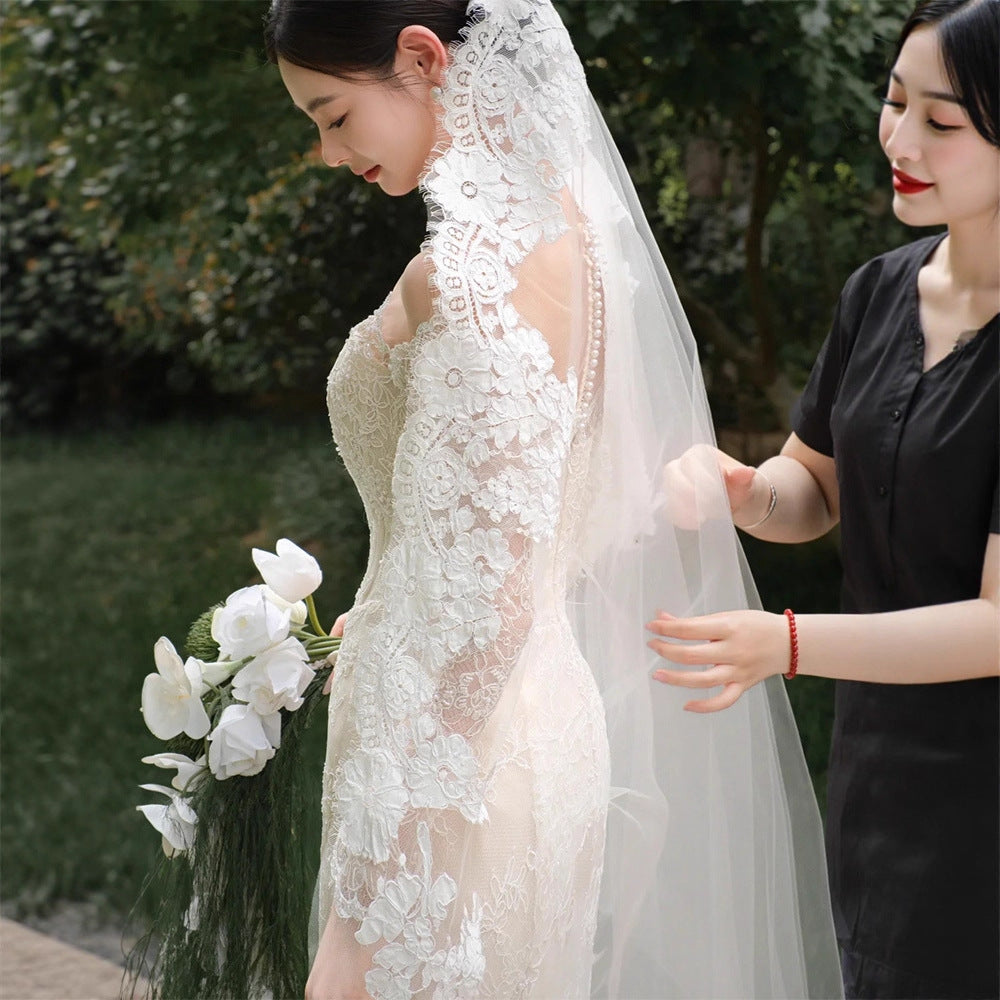 Womens Lace French-Style Vintage Long-Sleeve Dress