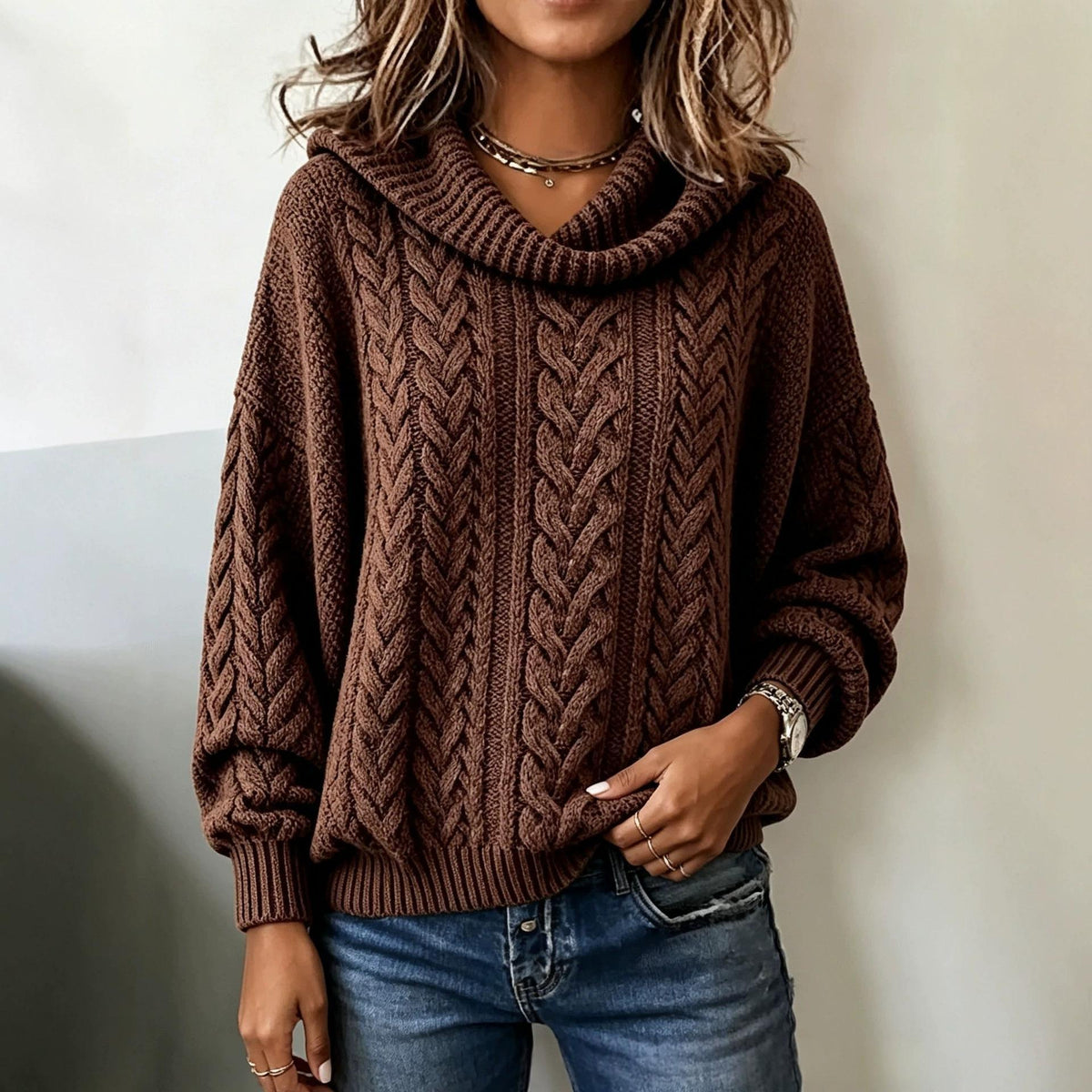 Women's Retro Loose Turtleneck Cable-Knit Sweater