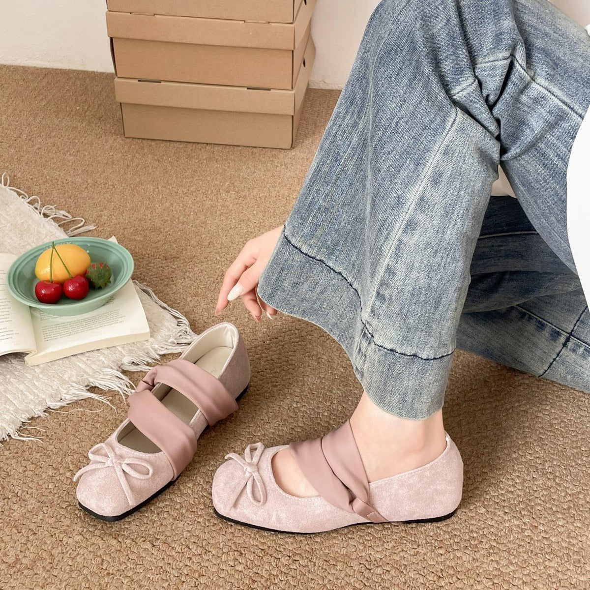 Women Fairy Sweet Double Wide Satin Crisscross Strap Mini Bow Ballet Flats