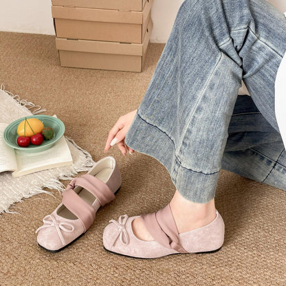 Women Fairy Sweet Double Wide Satin Crisscross Strap Mini Bow Ballet Flats
