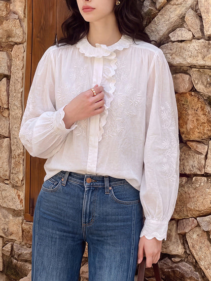 Scalloped Floral Embroidery Long Sleeve Cotton Blouse