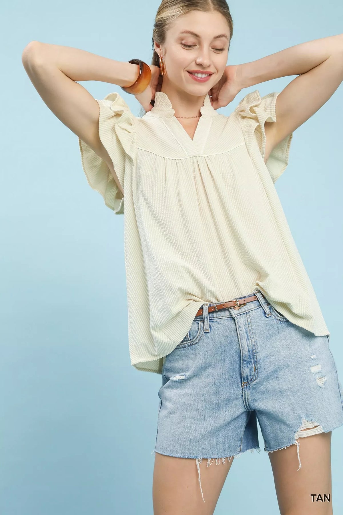 Umgee Ruffled Sleeve Textured Blouse
