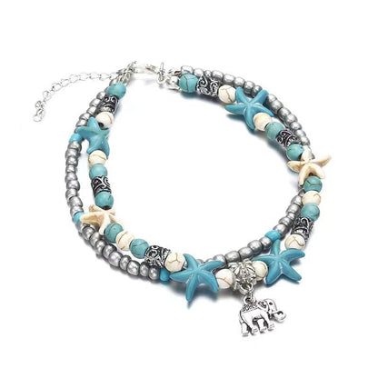 Retro Rice Grain Pearl Turtle Scallop Alloy Pendant Anklet