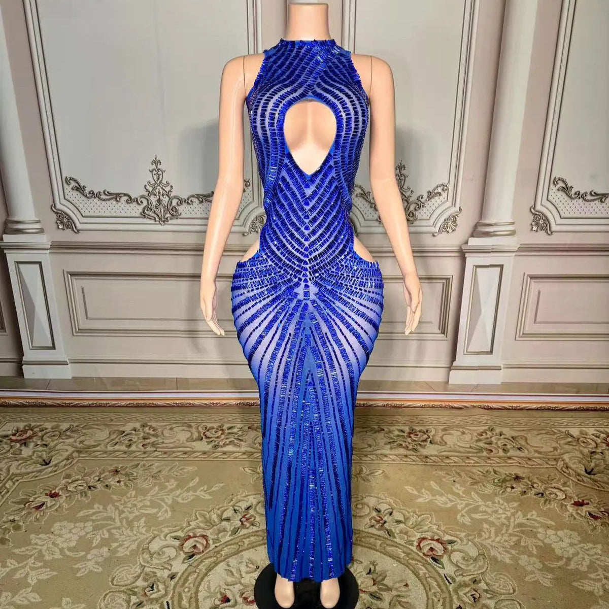 Womens Sexy Mesh Hollow-Out Nightclub Stage Dress Performance Outfit Evening Gown