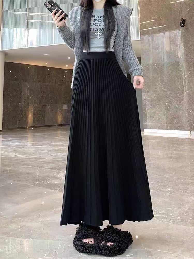 Pleated Knit Skirt AutumnWinter High-Waisted Stretchy Hip-Covering Long Flared Style