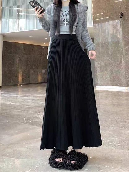 Pleated Knit Skirt AutumnWinter High-Waisted Stretchy Hip-Covering Long Flared Style