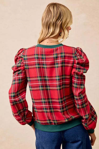 BiBi Christmas Plaid Exaggerated Shoulder Sleeves Top