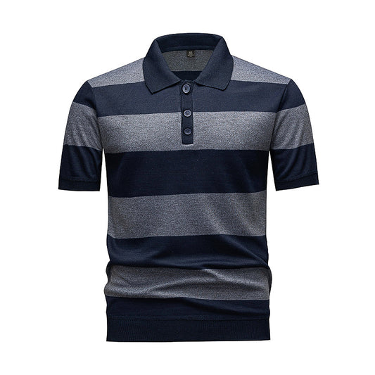 Men's Navy & Grey Horizontal Striped Knit Polo Shirt, Short Sleeve Casual Top