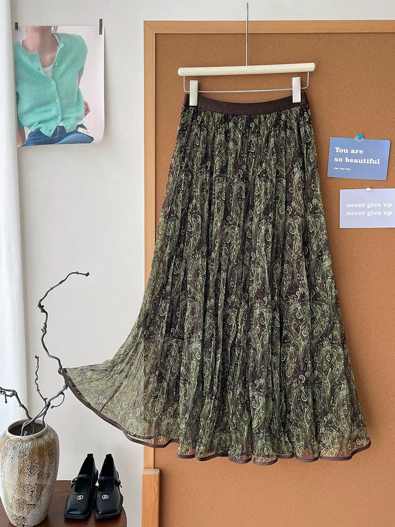 Retro-relaxed Mesh Paisley Pleated Midi Skirt