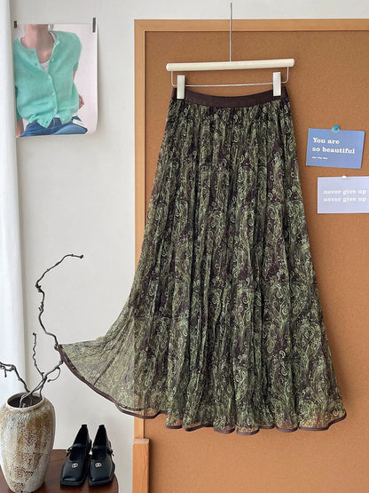 Retro-relaxed Mesh Paisley Pleated Midi Skirt