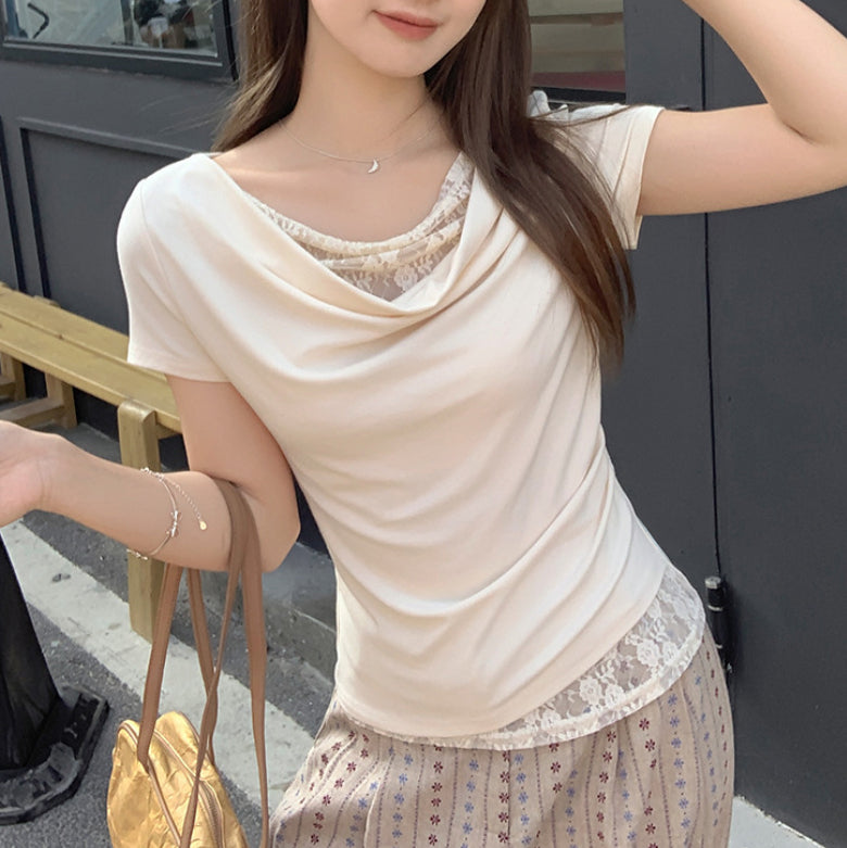 Korean Style Lace Stitching Swing Collar Off-shoulder Short Sleeve T-shirt