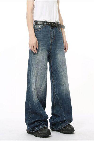 Washed Lightning Pattern Wide Leg Jeans for Stylish Comfort