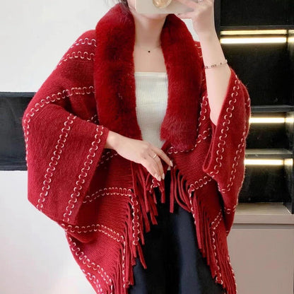 New Knitted Shawl With A Fur Collar And Tassels