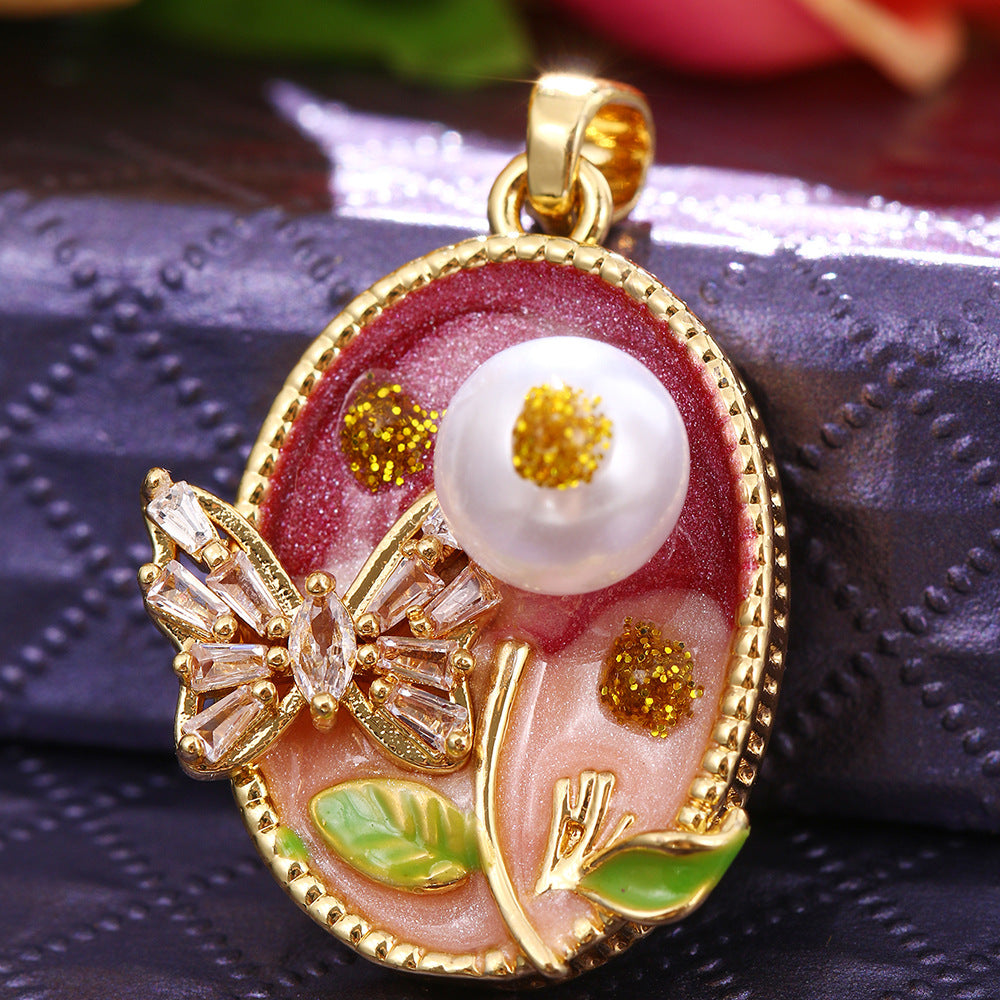 Floral-Painted Dripped-Glaze Universal-Clip Necklace DIY Pendant