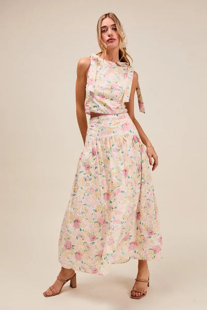 SO ME Floral Printed Woven Shoulder Bow Tie Top and Skirt Set