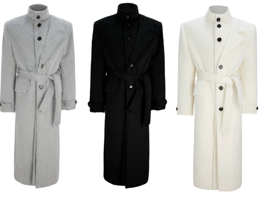 Short-pile Faux Two-piece Wool Coat Long Alpaca-blend Trench Coat