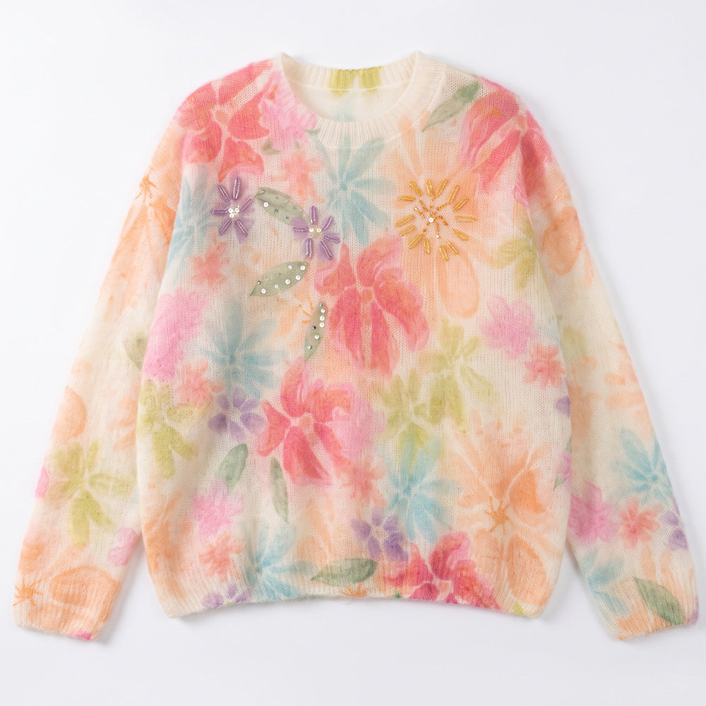 Rhinestone Embellished Floral Mohair-Blend Pullover Sweater