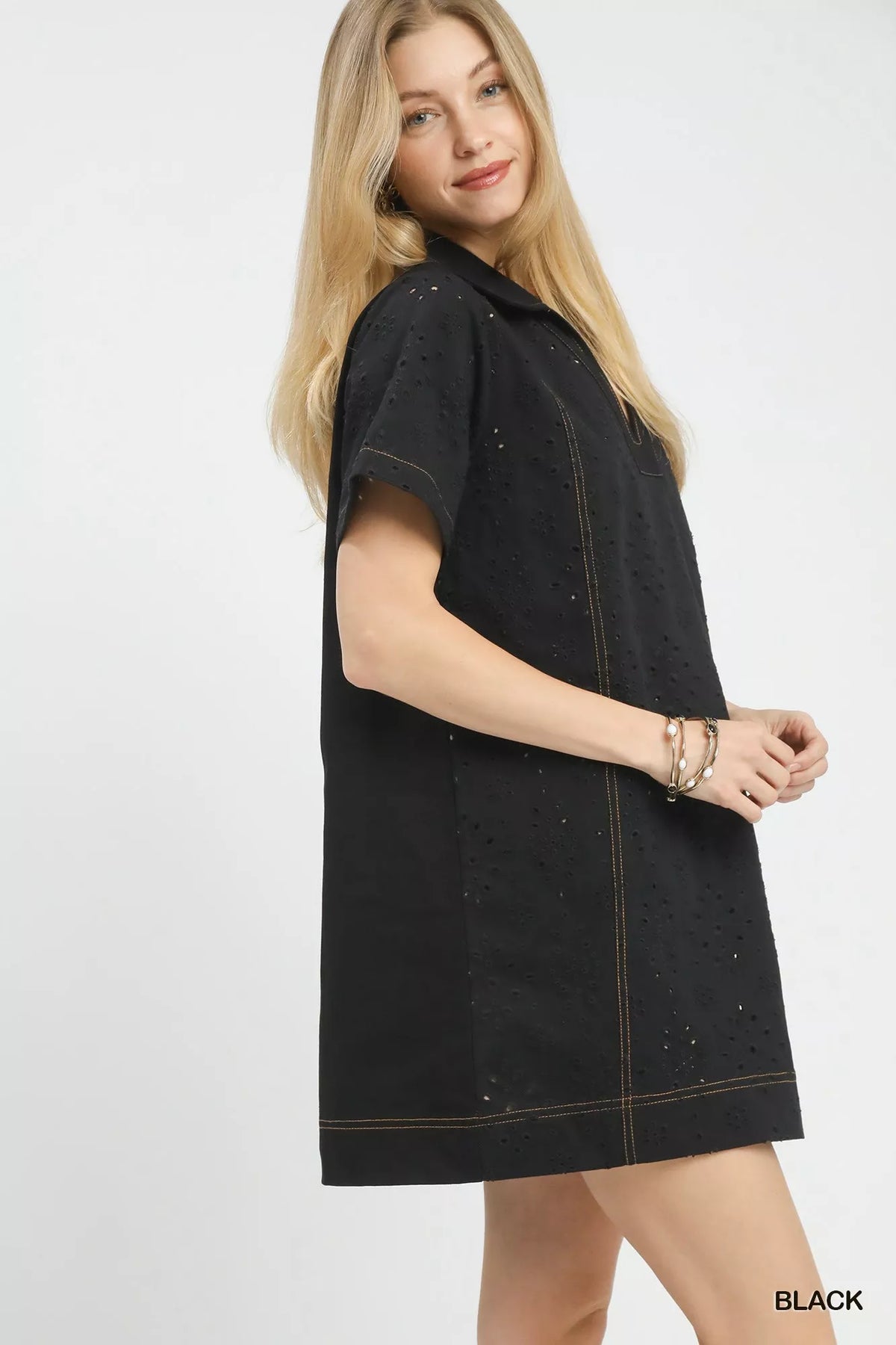 Umgee Eyelet Short Sleeve Shift Dress with Pocket