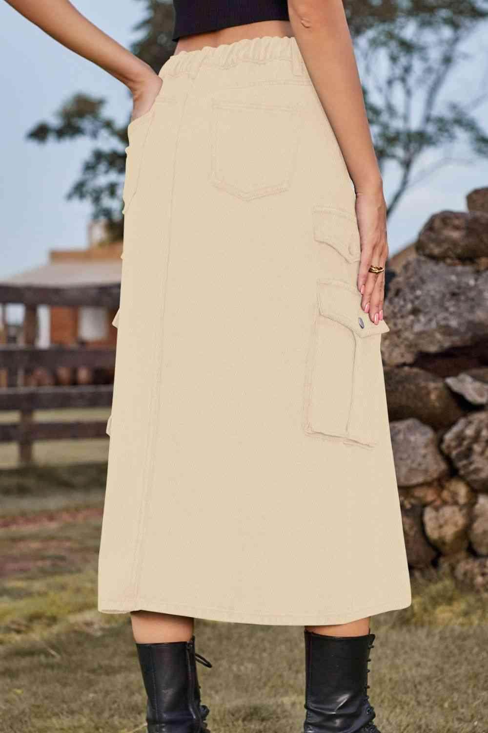 Slit Front Midi Denim Skirt with Pockets for Women