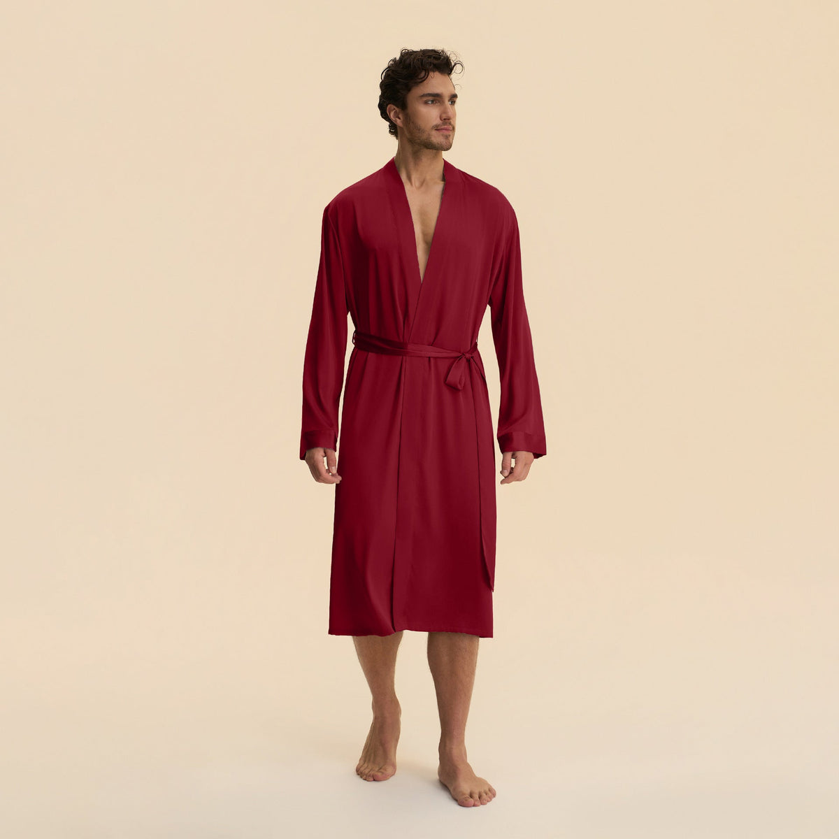 Mens Solid-Color Long Nightgown And Shorts Satin Bathrobe Loungewear Set