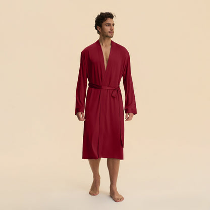 Mens Solid-Color Long Nightgown And Shorts Satin Bathrobe Loungewear Set