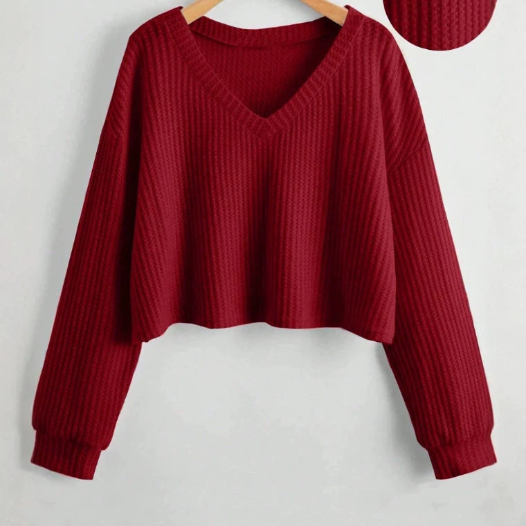 V-neck Loose-fit Short-length Long-sleeve Top