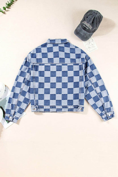 Checkered Button Up Long Sleeve Denim Jacket for Women