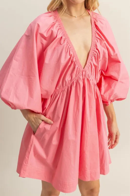 HYFVE Plunge Balloon Sleeve Poplin Mini Dress with Pockets