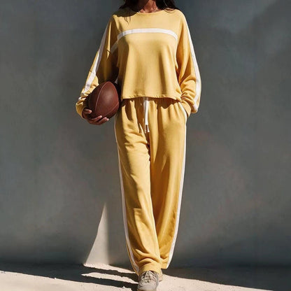 Striped Color-Block Casual Sporty Crew-Neck Sweatsuit Two-Piece Set