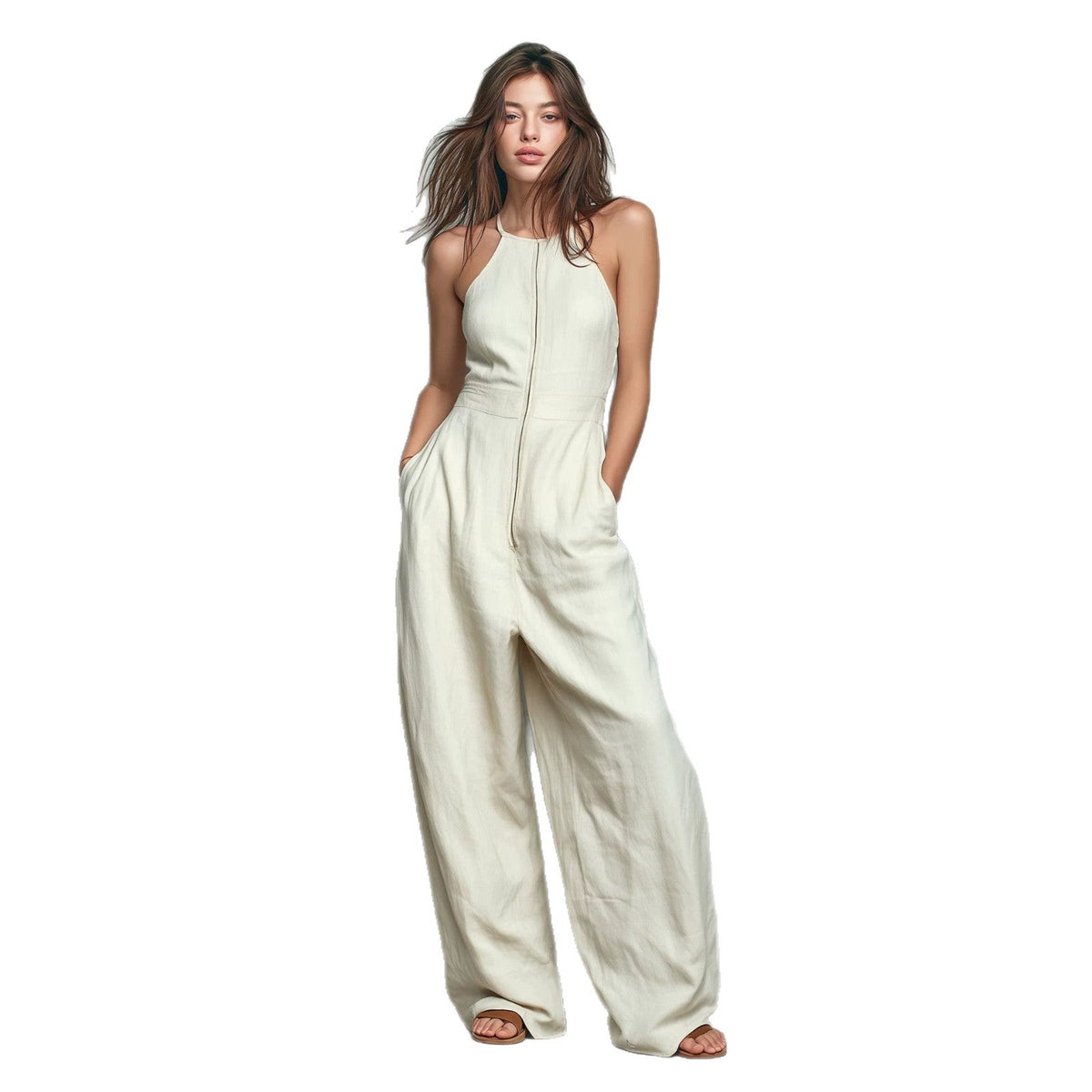 Womens Solid-color Zip-front Backless Wide-leg Relaxed-fit Jumpsuit