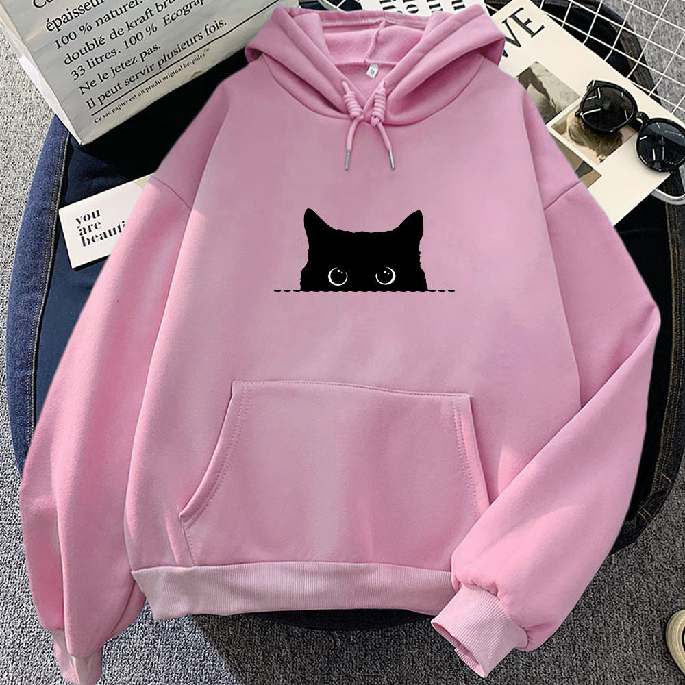 Black Cat Stare Cartoon Womens Hoodie