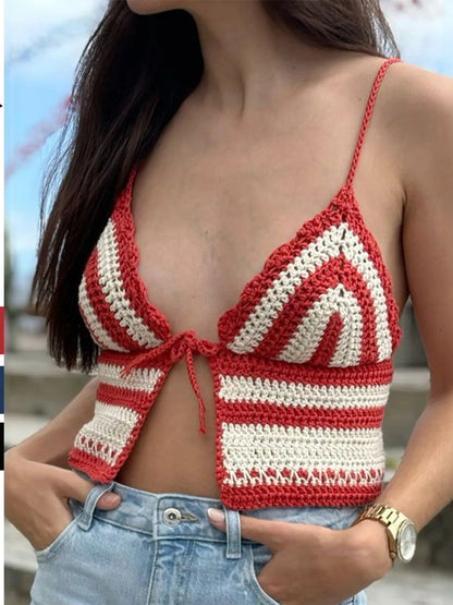 Crochet Tie Front Striped Knit Cami