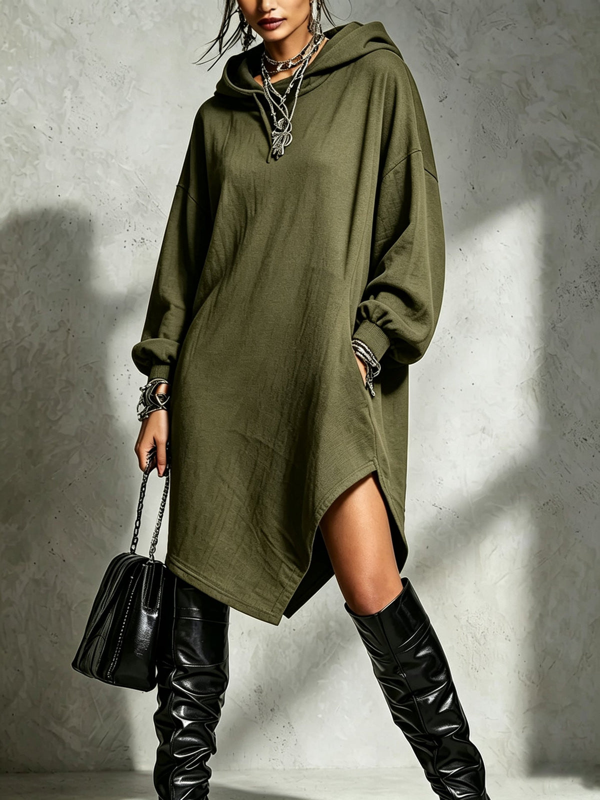 Womens Solid-Color Irregular Side-Slit Hooded Sweatshirt Dress