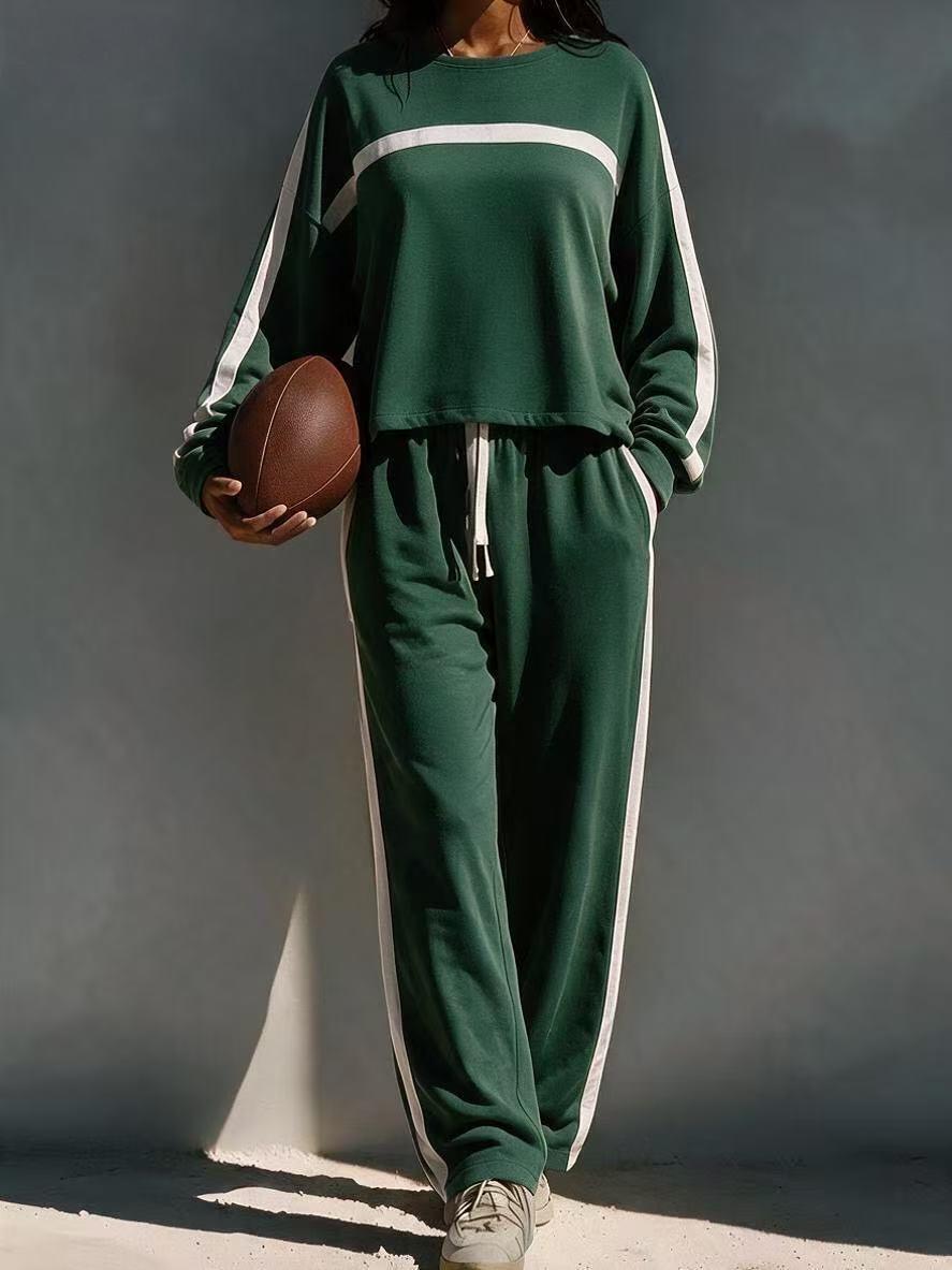 Striped Color-Block Casual Sporty Crew-Neck Sweatsuit Two-Piece Set