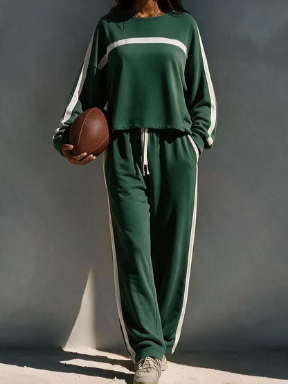 Striped Color-Block Casual Sporty Crew-Neck Sweatsuit Two-Piece Set