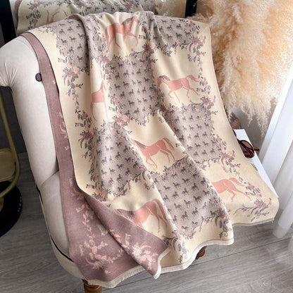 Vintage Floral And Galloping Horse Jacquard Tassel Scarf