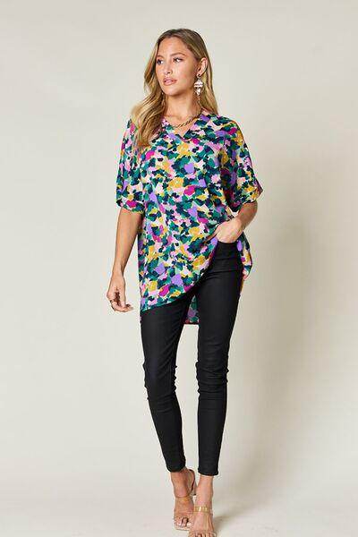 Double Take Full Size Printed V-Neck Short Sleeve Top