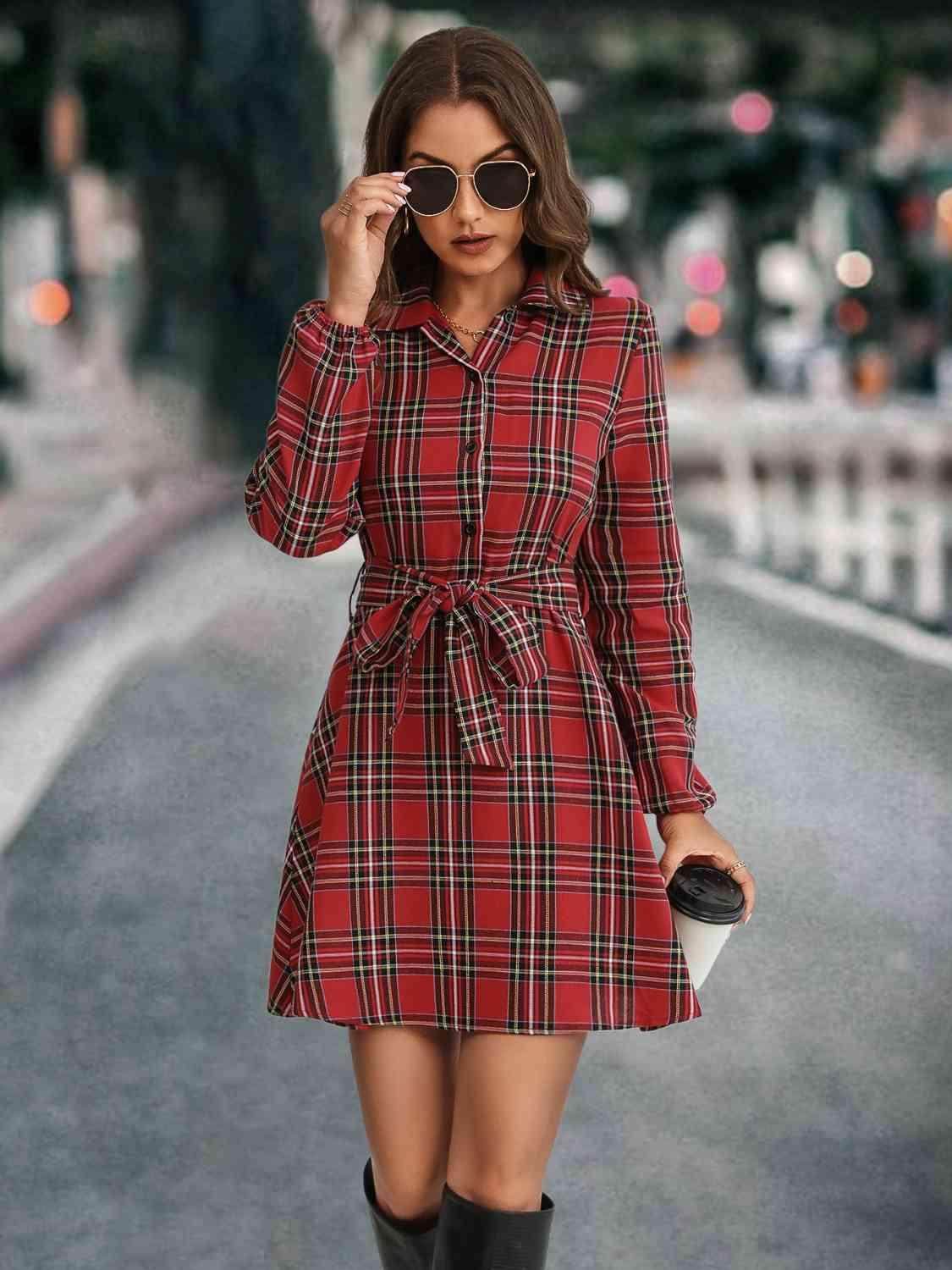 Plaid Tie Front Collared Neck Long Sleeve Dress For Women