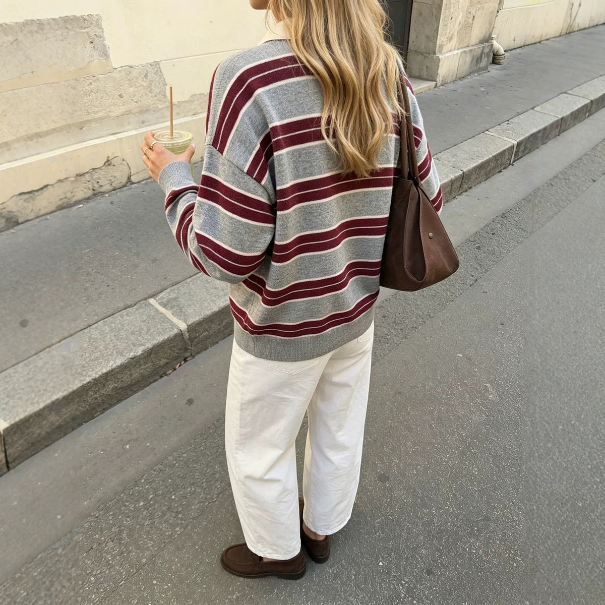 Women's Simple And Versatile Striped Knitted Sweater