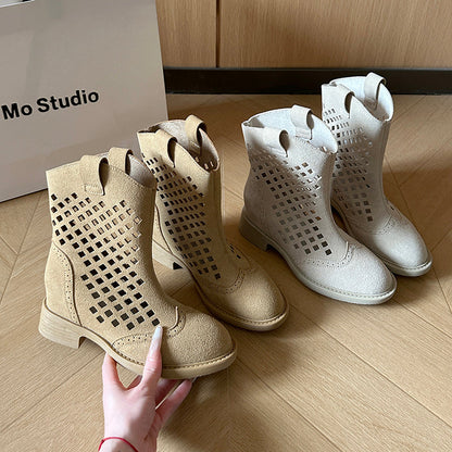 Women Vintage Retro Hollow Perforated Western Cowboy Booties Matching Casual Daily