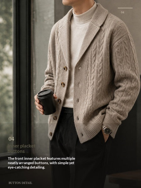 Men's Suit-collar Cable-knit Cardigan
