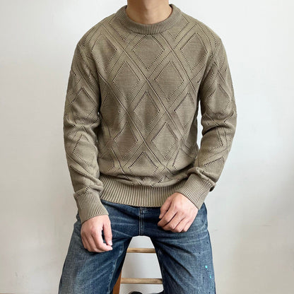 Popular Solid-color Diamond-pattern Casual Cotton Knit Sweater