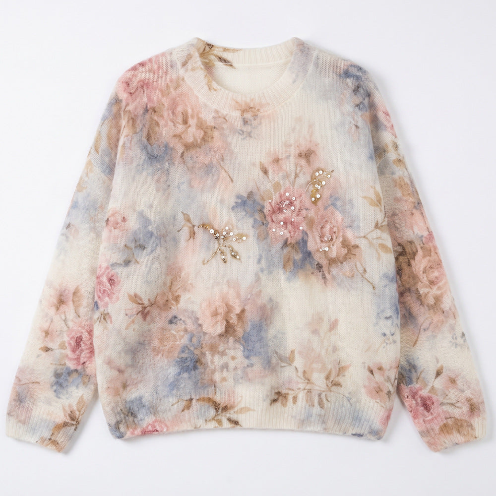 Rhinestone Embellished Floral Mohair-Blend Pullover Sweater