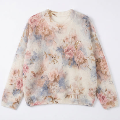 Rhinestone Embellished Floral Mohair-Blend Pullover Sweater